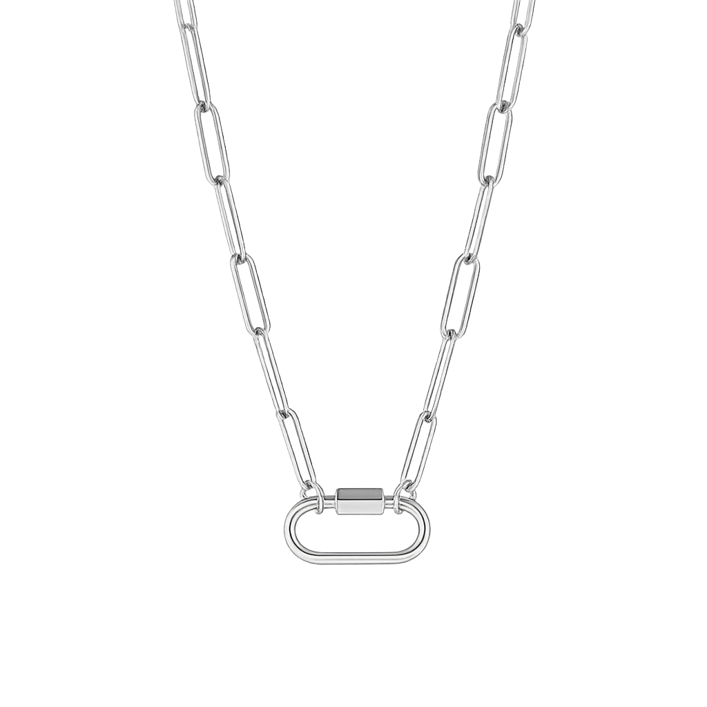 Silver chain necklace with a clasp on a white background