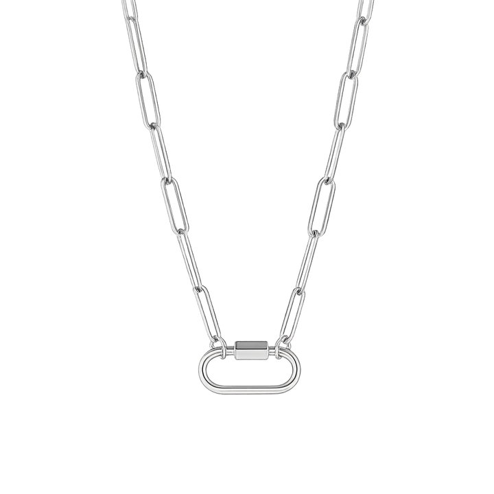 Silver chain necklace with a clasp on a white background