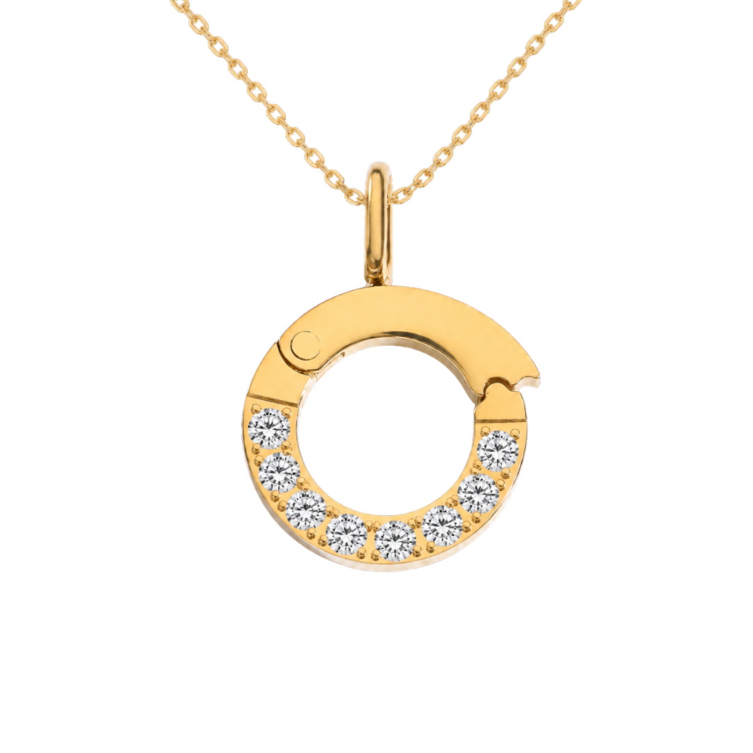 Gold necklace with a circular pendant featuring diamonds on a white background