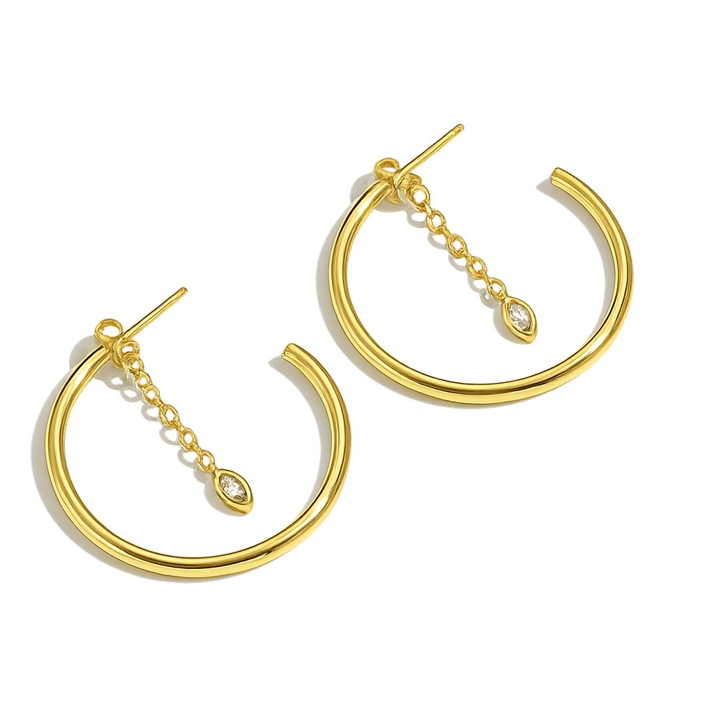 Gold hoop earrings with chain details on a white background
