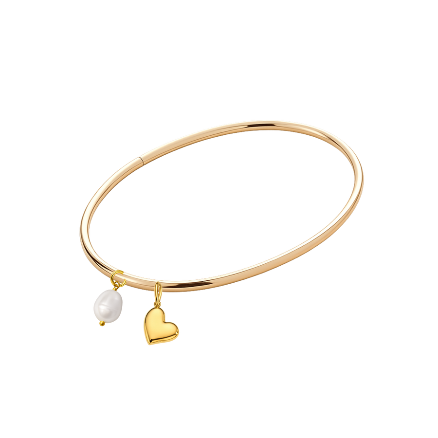 Gold bracelet with heart and pearl charm on a white background