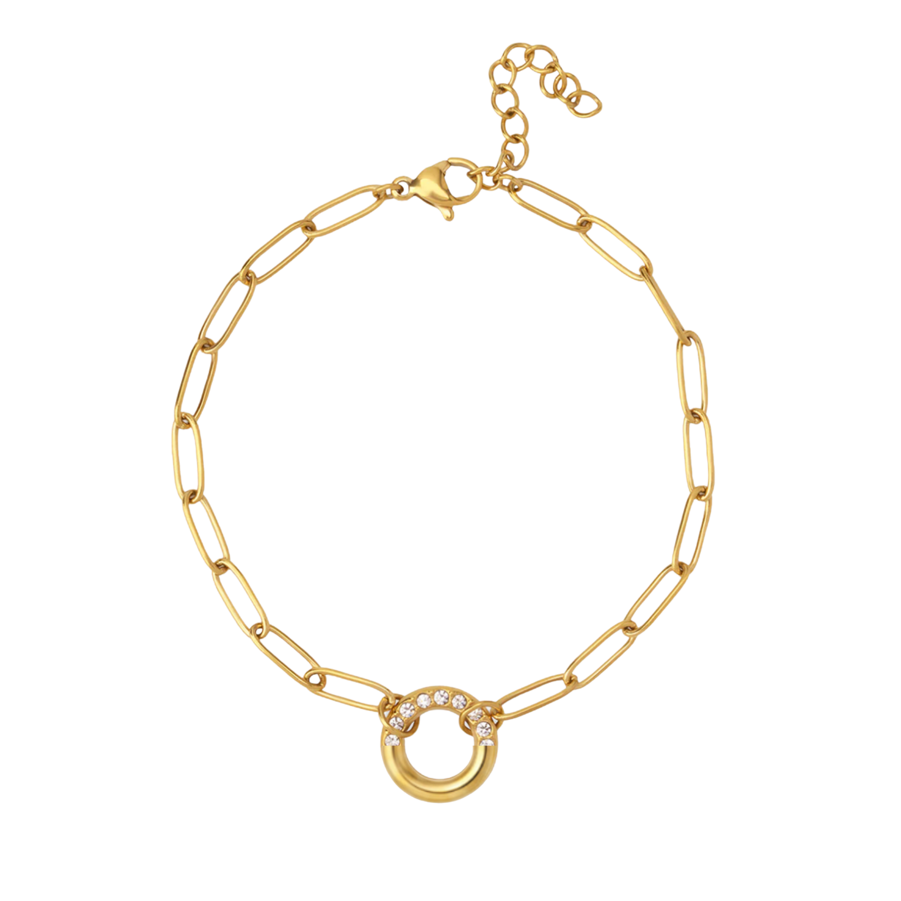 Gold bracelet with a circular charm on a white background