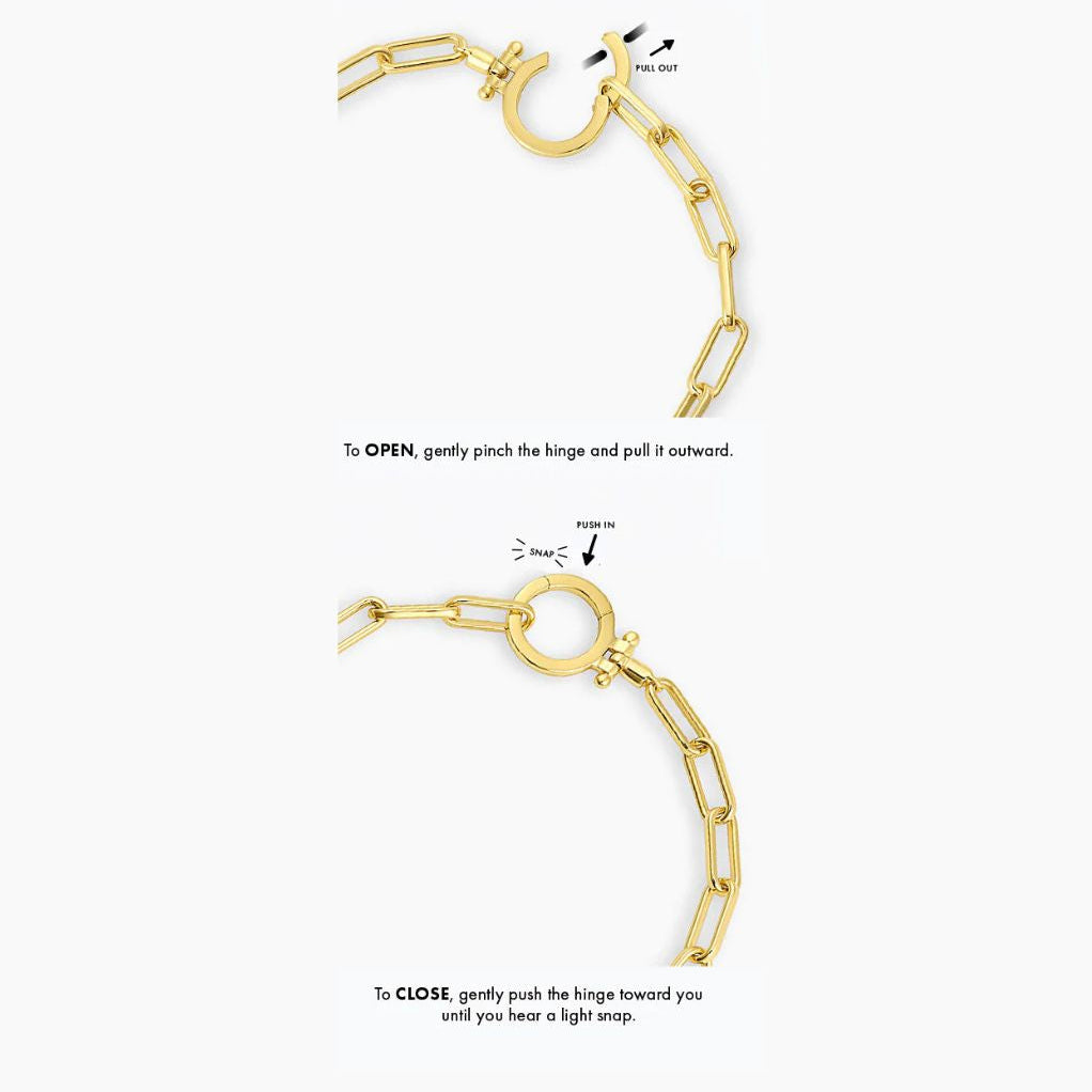 Gold chain bracelet with instructions on how to open and close it on a white background
