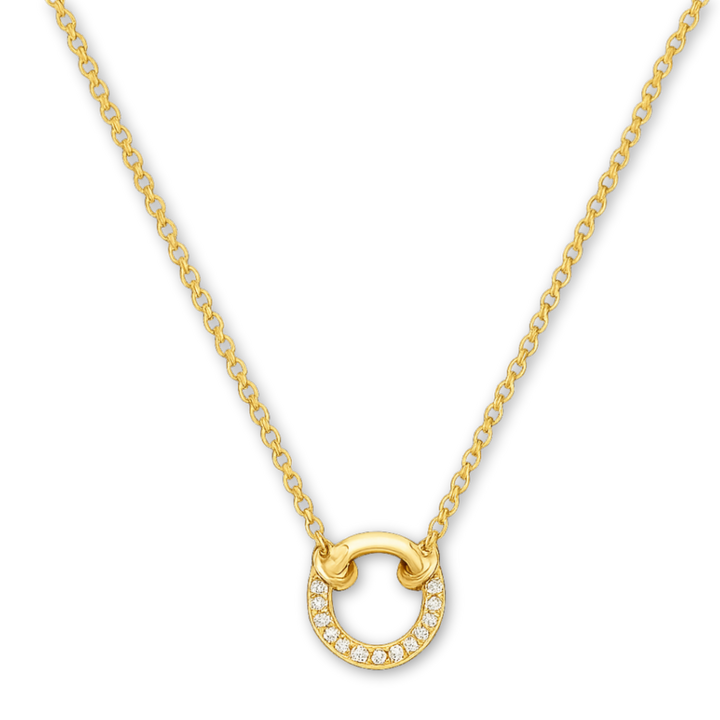 Gold necklace with a circular pendant on a white background