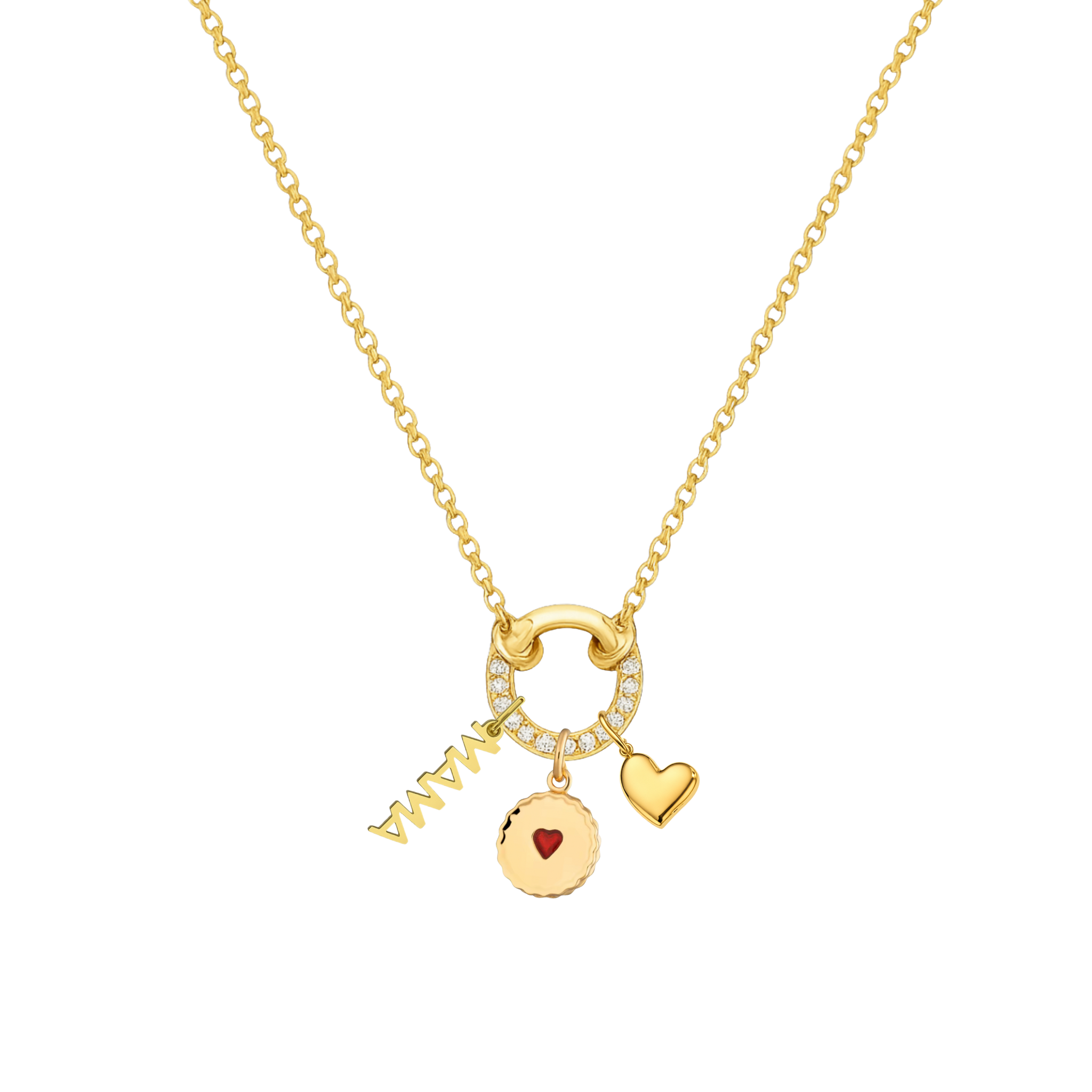 Gold necklace with heart-shaped pendant and 'MAM' charm on a white background