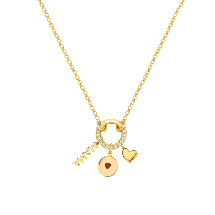 Gold necklace with heart-shaped pendant and 'MAM' charm on a white background