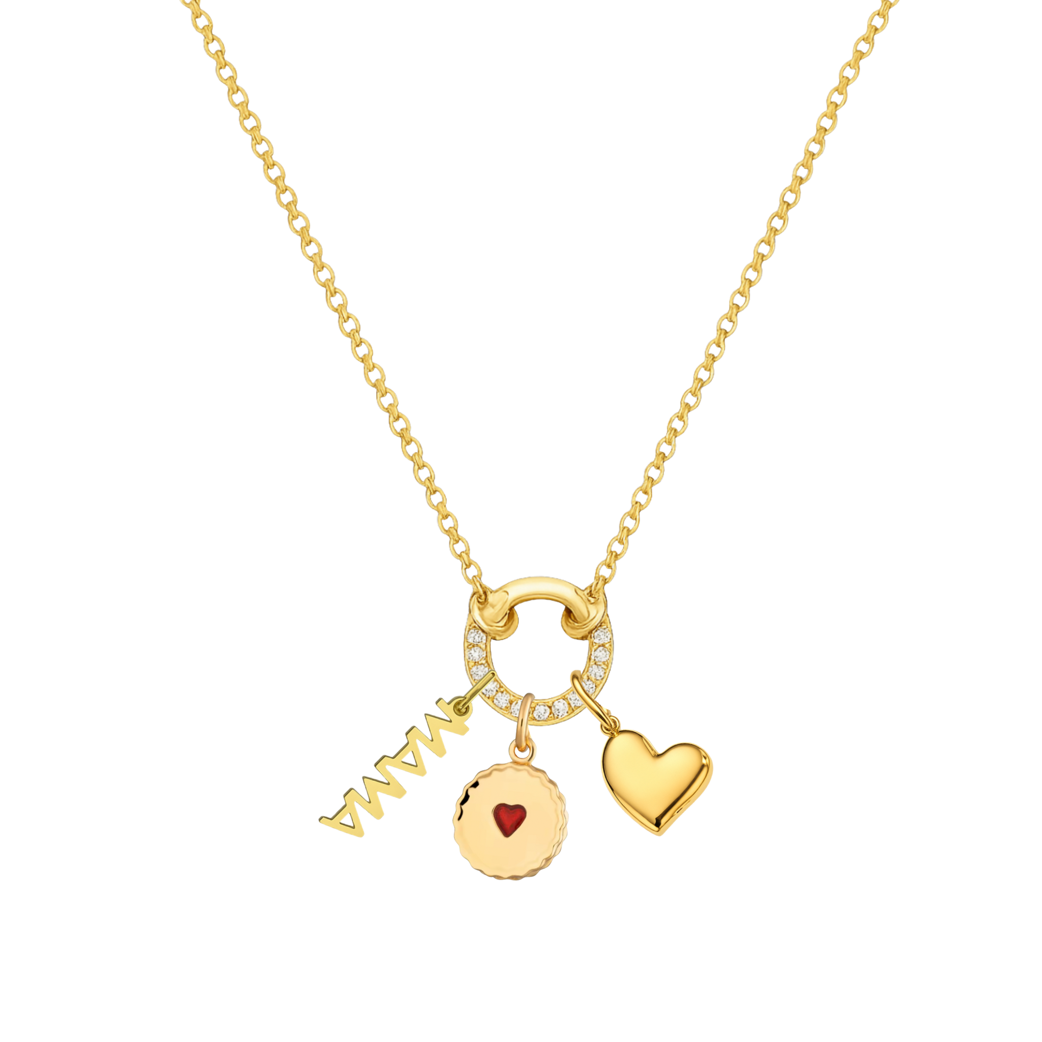 Gold necklace with heart and round pendant on a white background