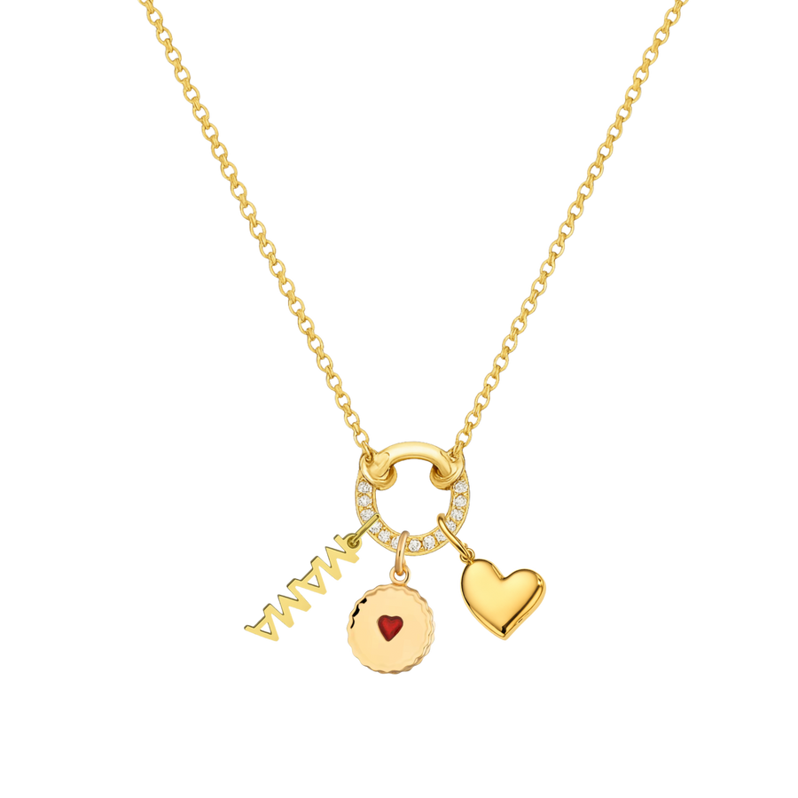 Gold necklace with heart and round pendant on a white background