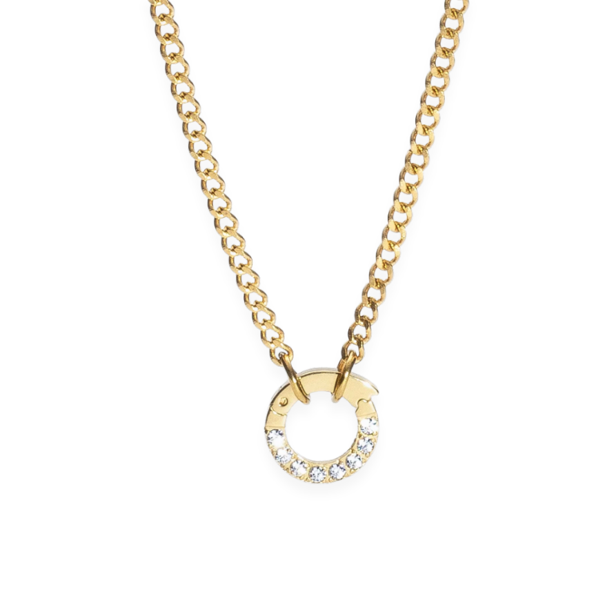 Gold necklace with a circular pendant on a white background