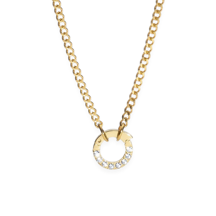 Gold necklace with a circular pendant on a white background