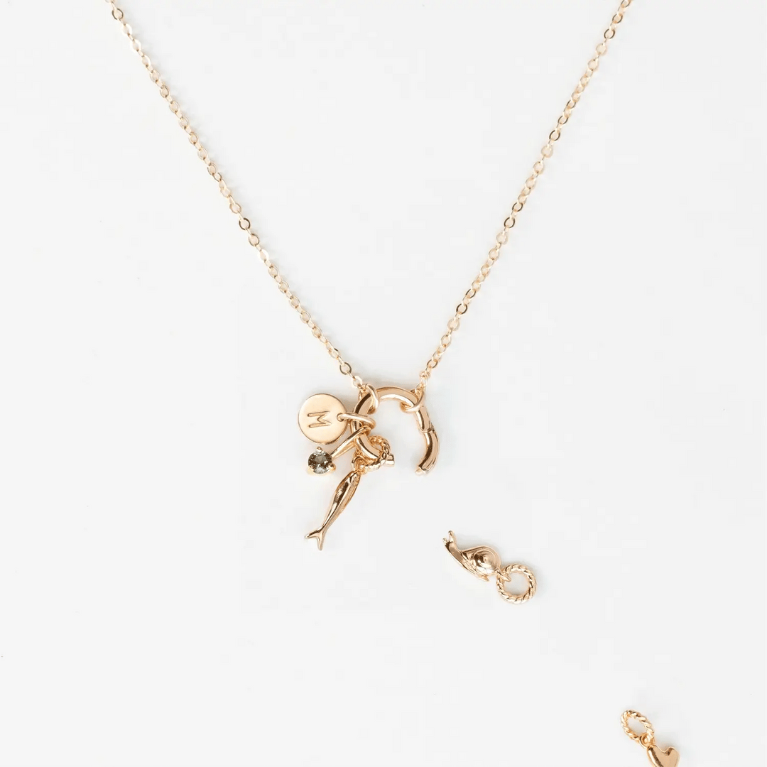Gold necklace with a zodiac sign pendant on a white background