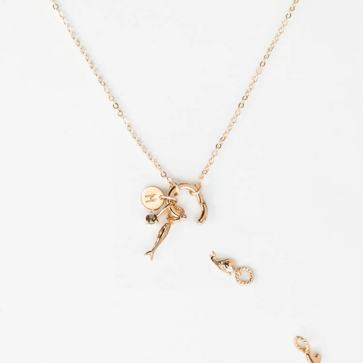 Gold necklace with a zodiac sign pendant on a white background