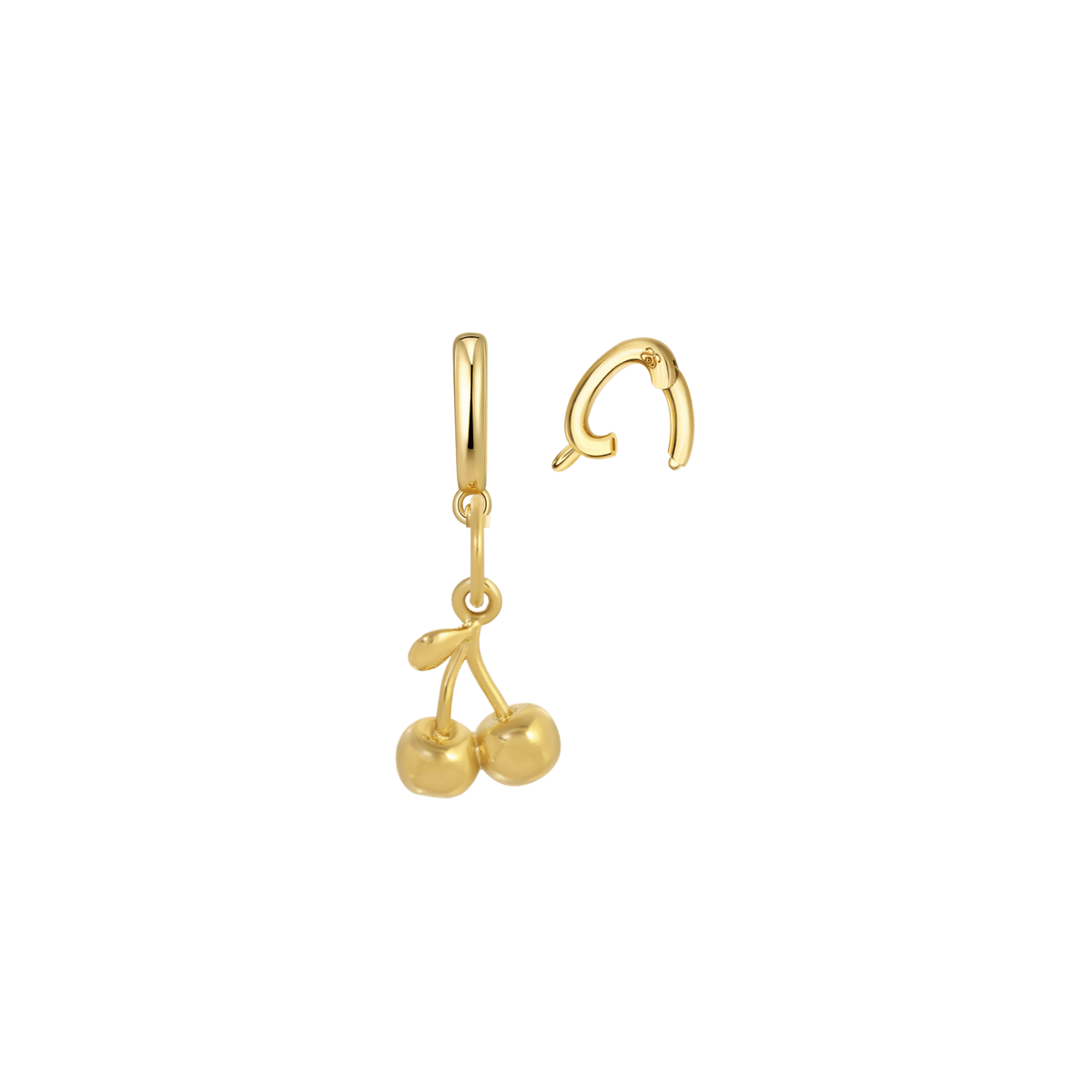 A pair of gold hoop earrings with dangling cherry charms, shown on a plain white background.