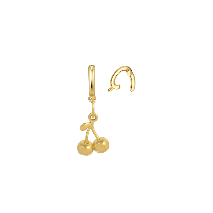 A pair of gold hoop earrings with dangling cherry charms, shown on a plain white background.