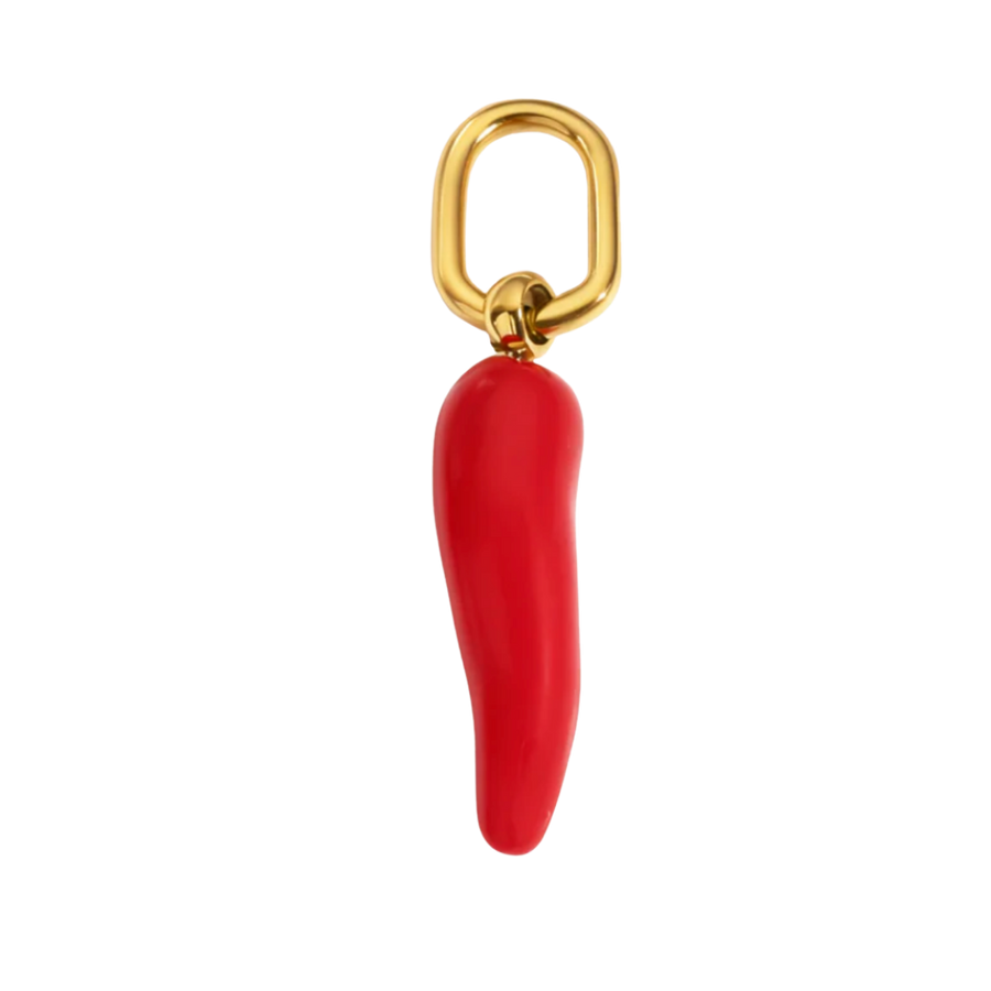 Red chili pepper charm with gold ring on a white background