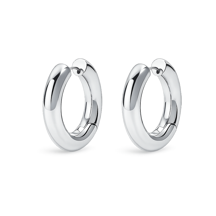 Pair of silver hoop earrings on a white background