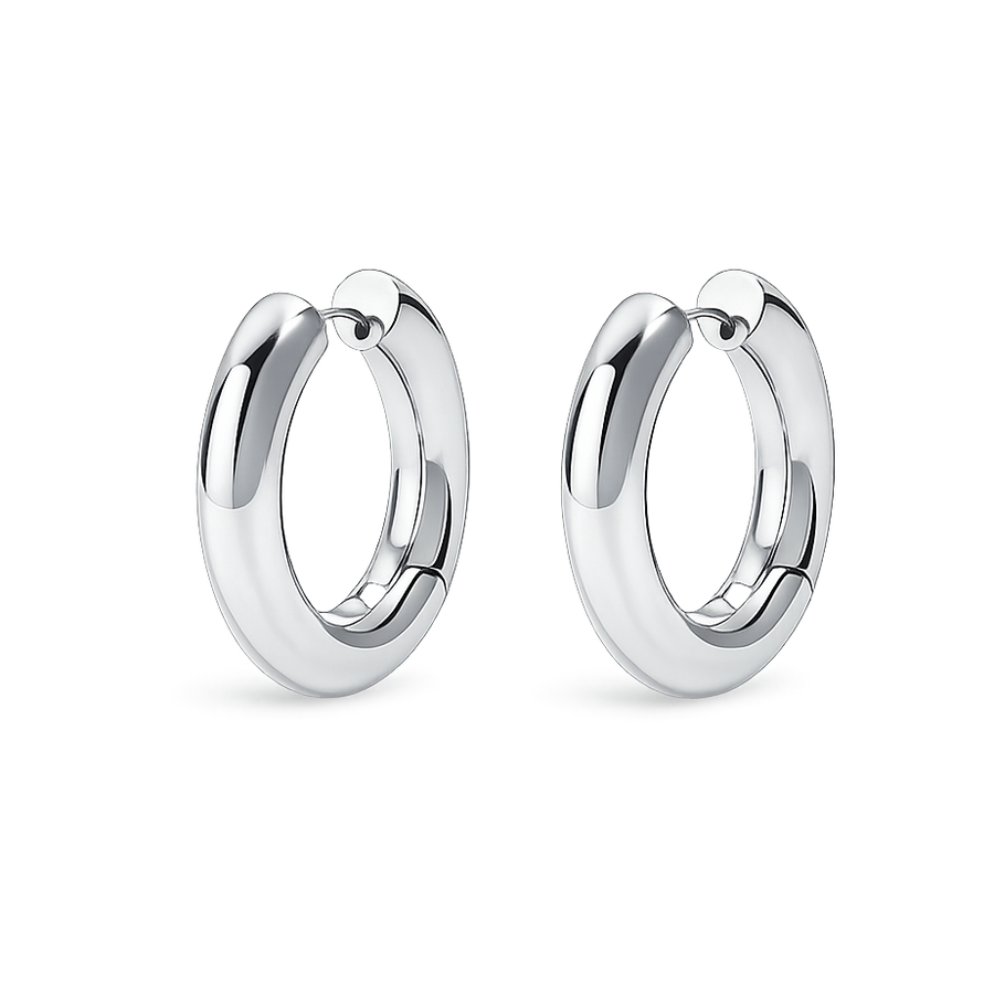 Pair of silver hoop earrings on a white background