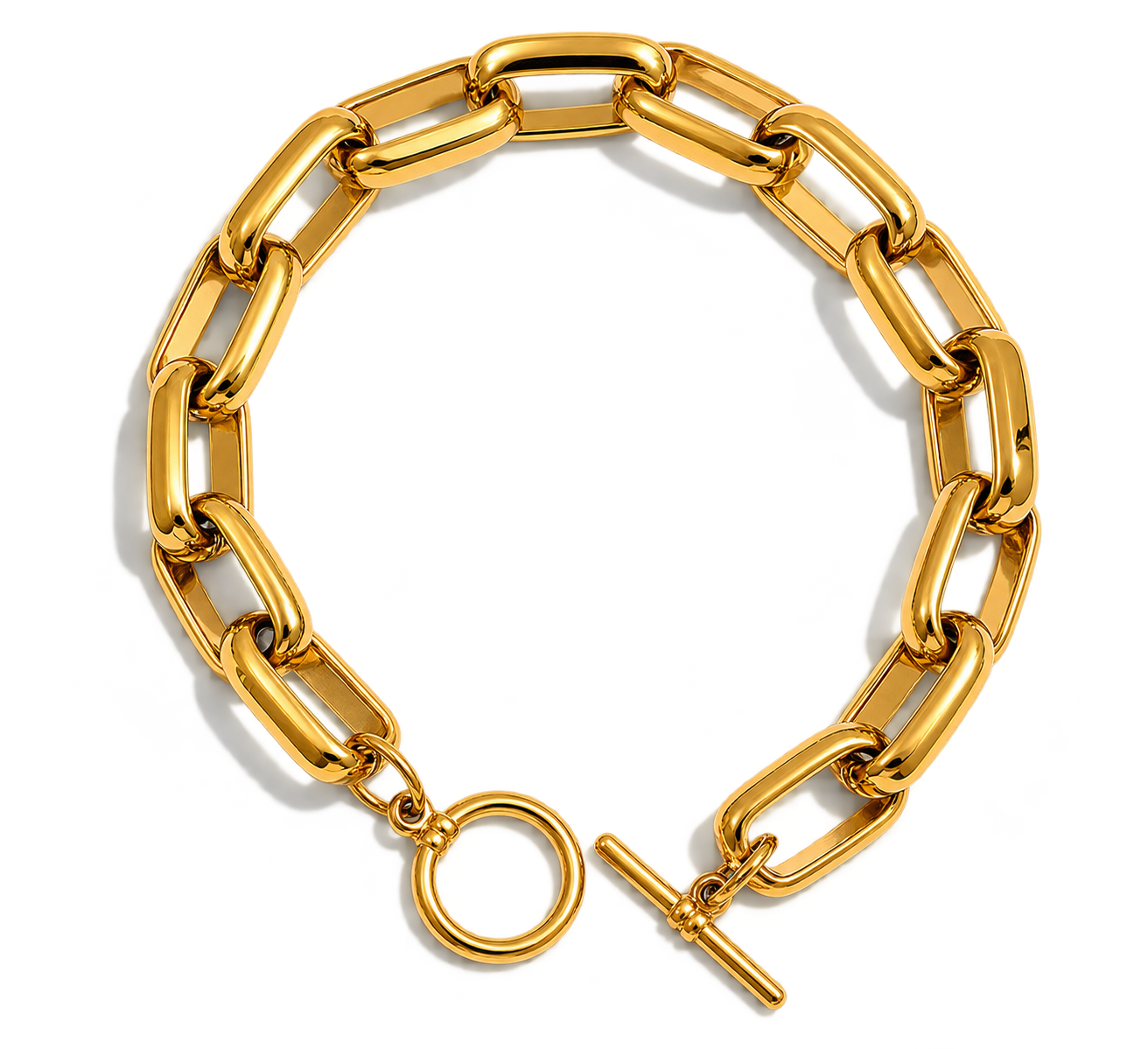 A chunky gold chain link bracelet with a toggle clasp and circular ring detail, displayed on a clean white background.