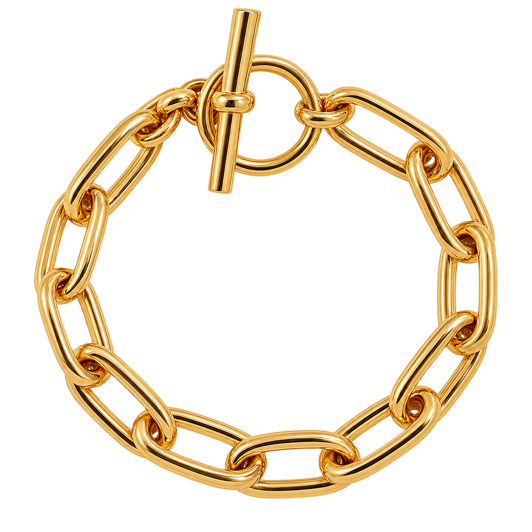 A gold chain bracelet with a toggle clasp, shown on a plain white background.