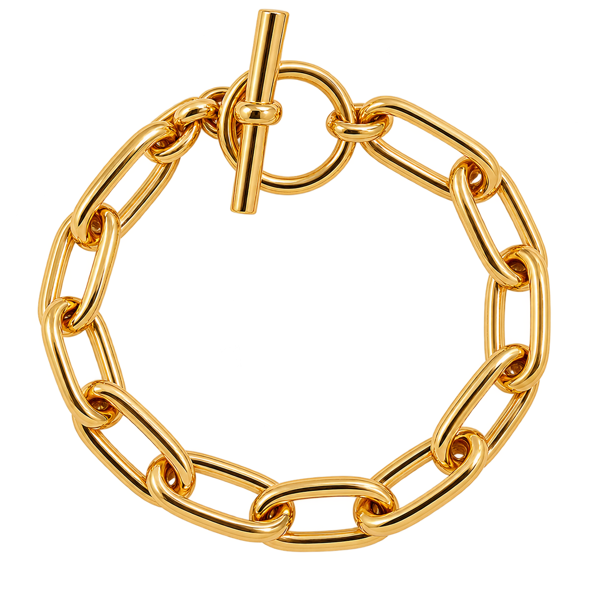 A gold chain bracelet with a toggle clasp, shown on a plain white background.