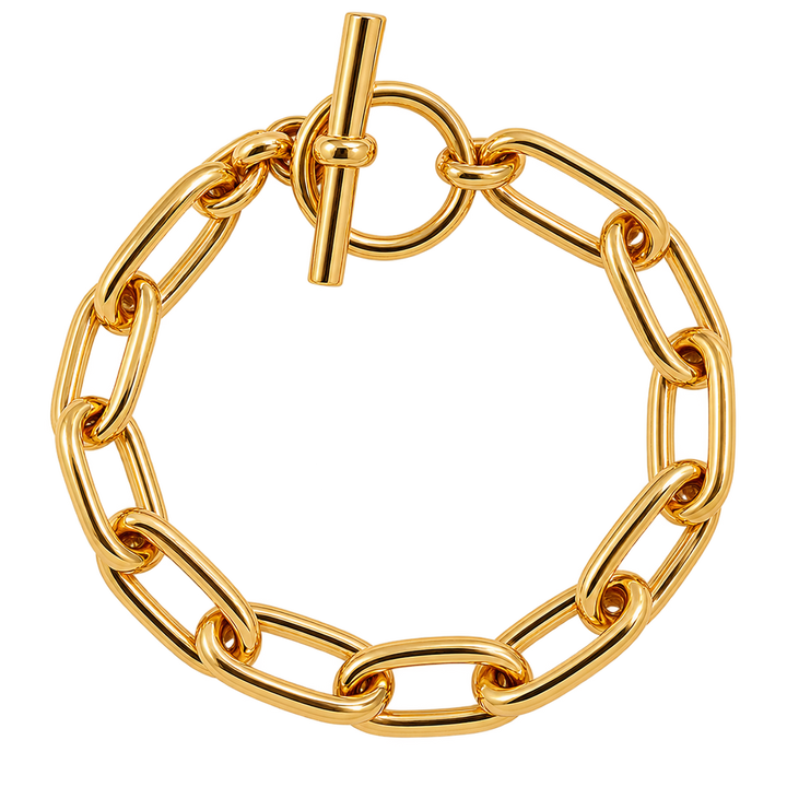 A gold chain bracelet with a toggle clasp, shown on a plain white background.