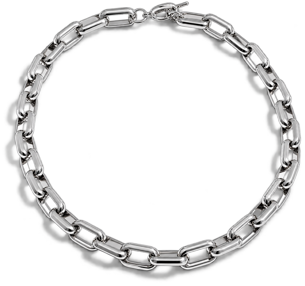A silver-toned metal chain link necklace with a polished finish, arranged in a circle on a clean white background.