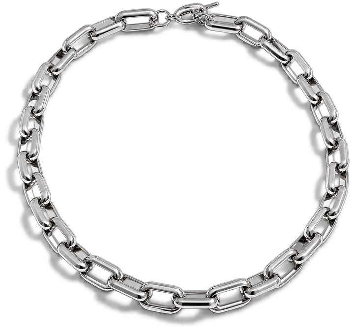A silver-toned metal chain link necklace with a polished finish, arranged in a circle on a clean white background.