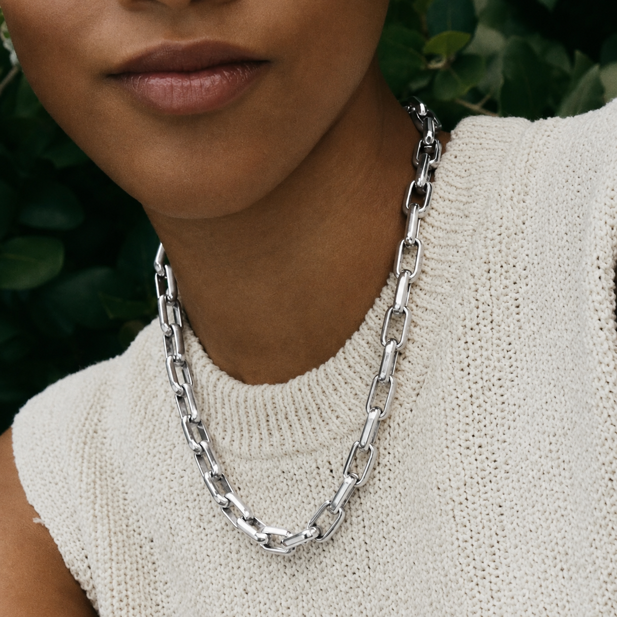 A close-up of a person wearing a chunky silver chain necklace with a cream-colored knit top, set against a background of dark green foliage.