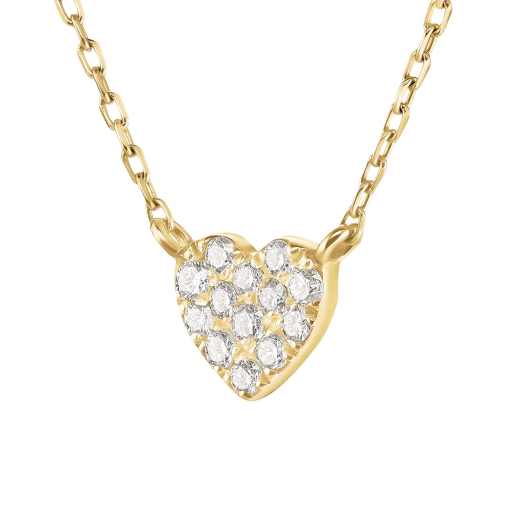 Gold necklace with a heart-shaped pendant featuring clear stones on a white background