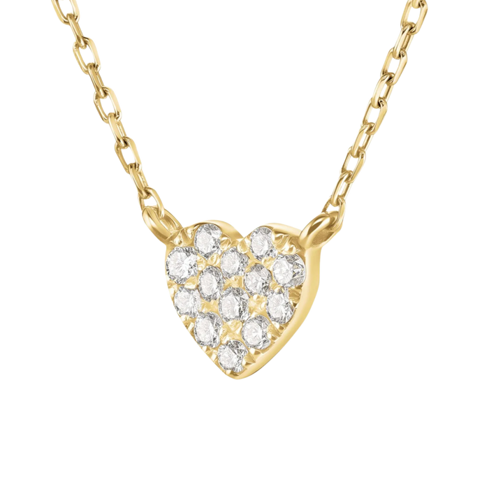 Gold necklace with a heart-shaped pendant featuring clear stones on a white background