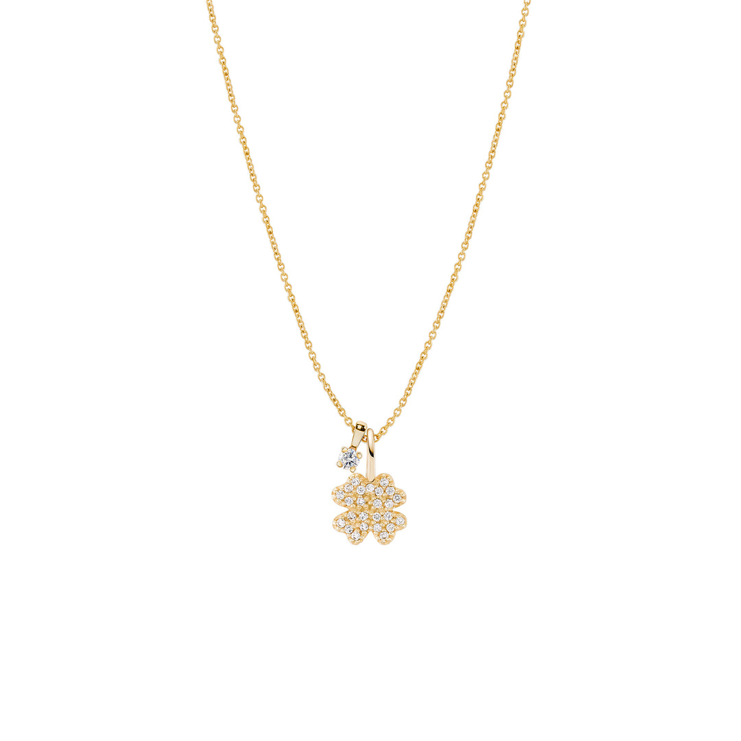 Gold necklace with a floral pendant on a white background