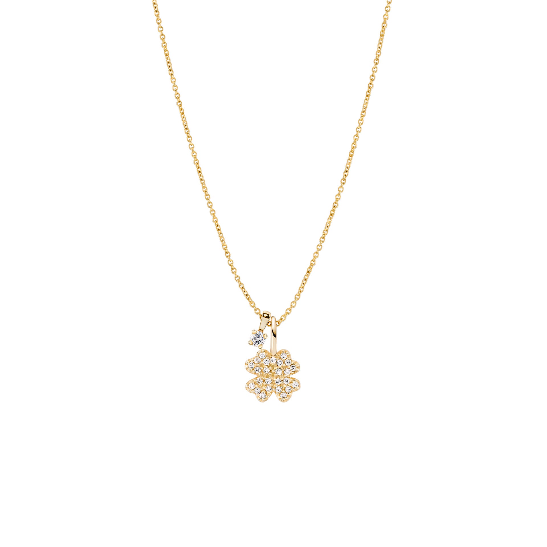 Gold necklace with a floral pendant on a white background