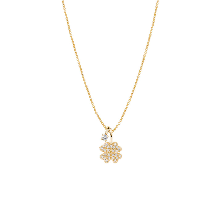 Gold necklace with a floral pendant on a white background