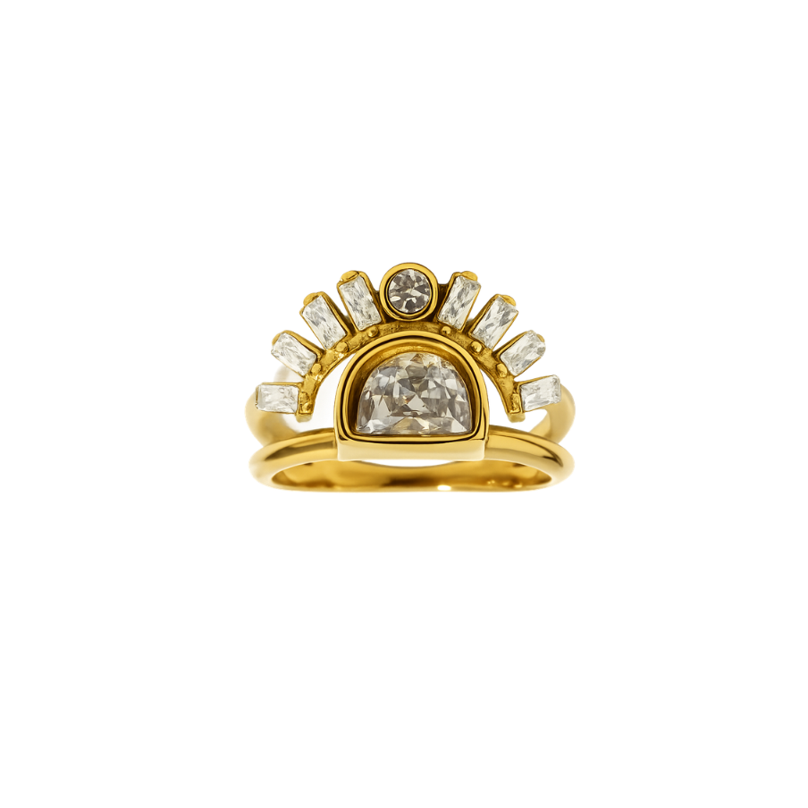 Gold ring with diamond accents on a white background