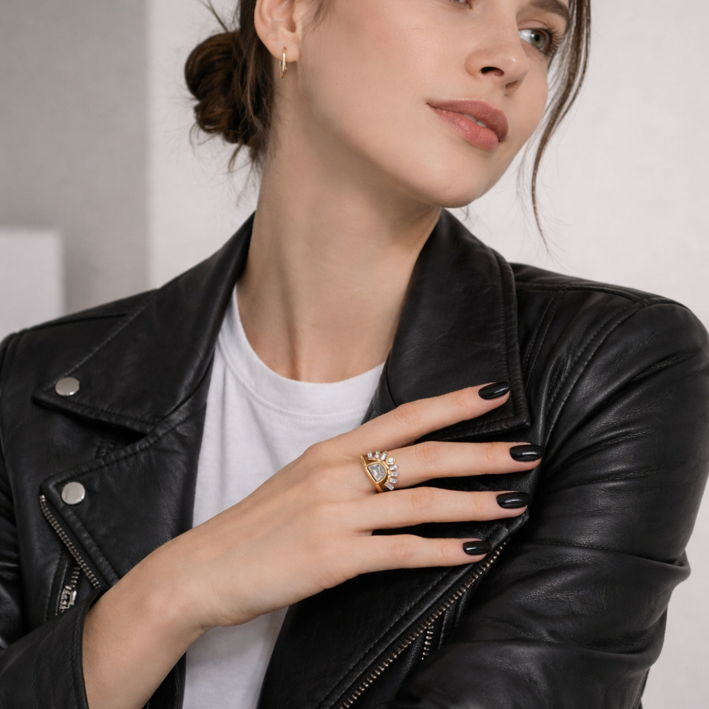 Woman wearing a black leather jacket with a neutral background