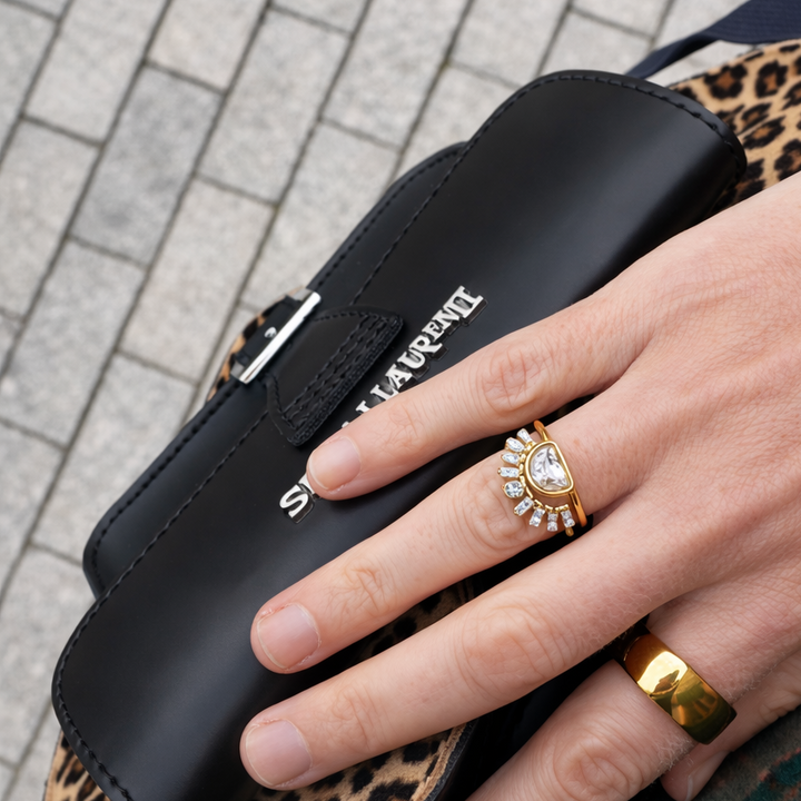 Hand holding a black Saint Laurent handbag with leopard print accents on a pavement background