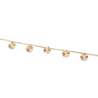 Gold necklace with circular pendants on a white background