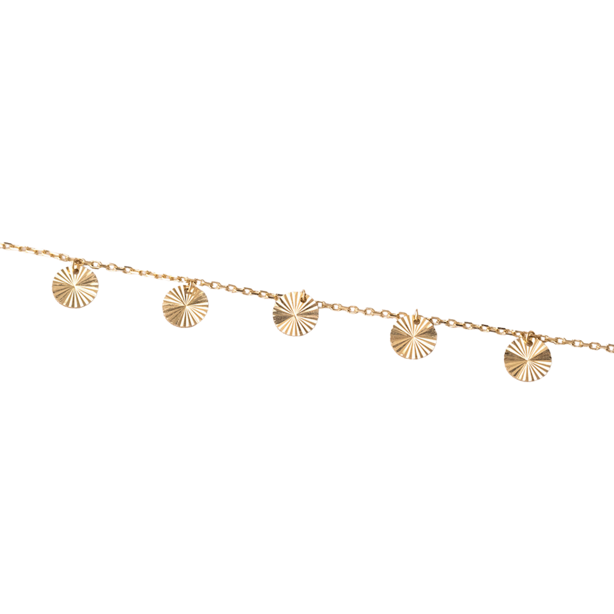 Gold necklace with circular pendants on a white background
