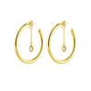 Gold hoop earrings with chain and gemstone drops on a white background