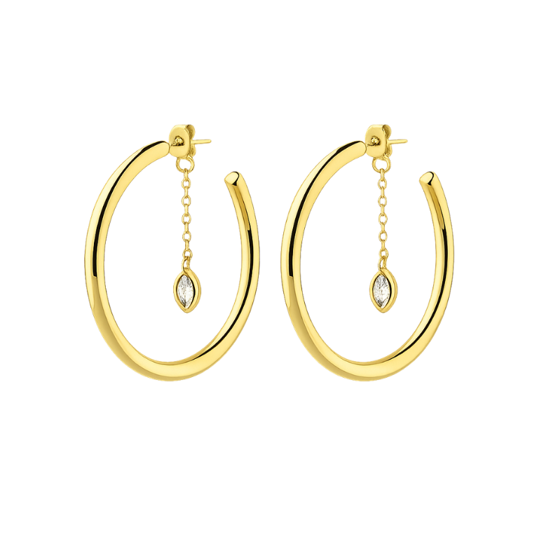 Gold hoop earrings with chain and gemstone drops on a white background