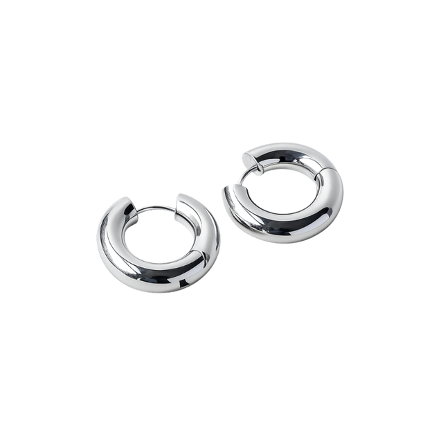 Pair of silver hoop earrings on a white background