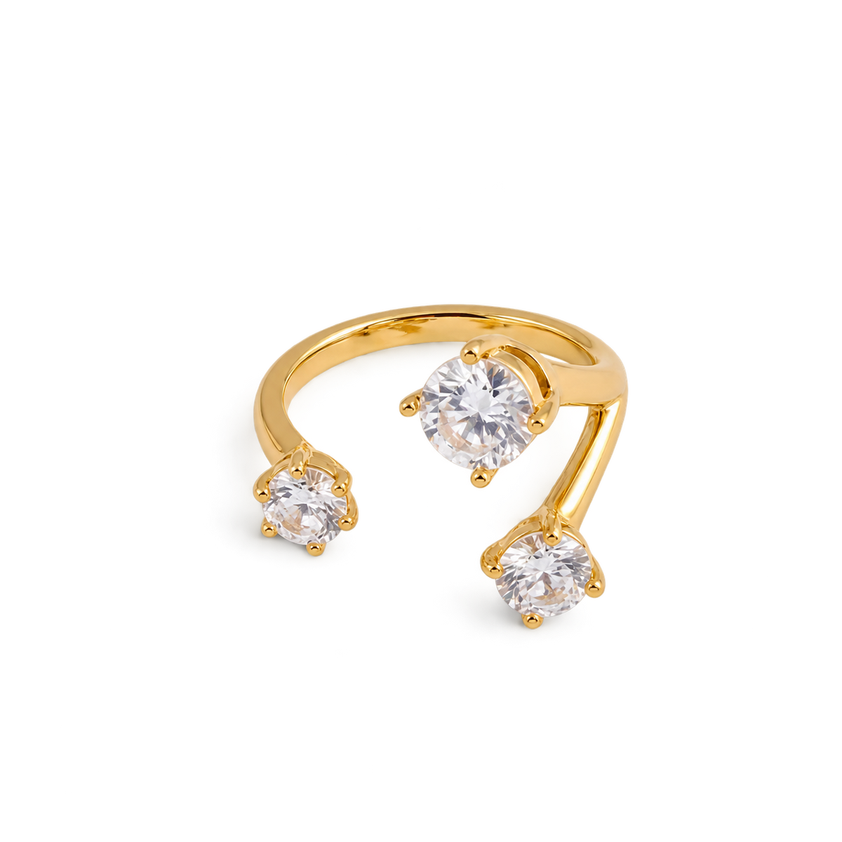 A gold open-shank ring featuring three round-cut clear gemstones in prong settings, displayed on a clean white background.