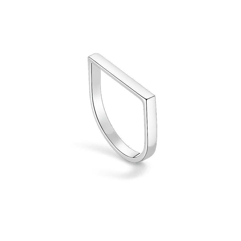 Silver ring with a teardrop design on a white background