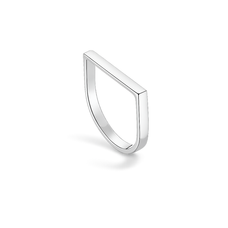 Silver ring with a teardrop design on a white background