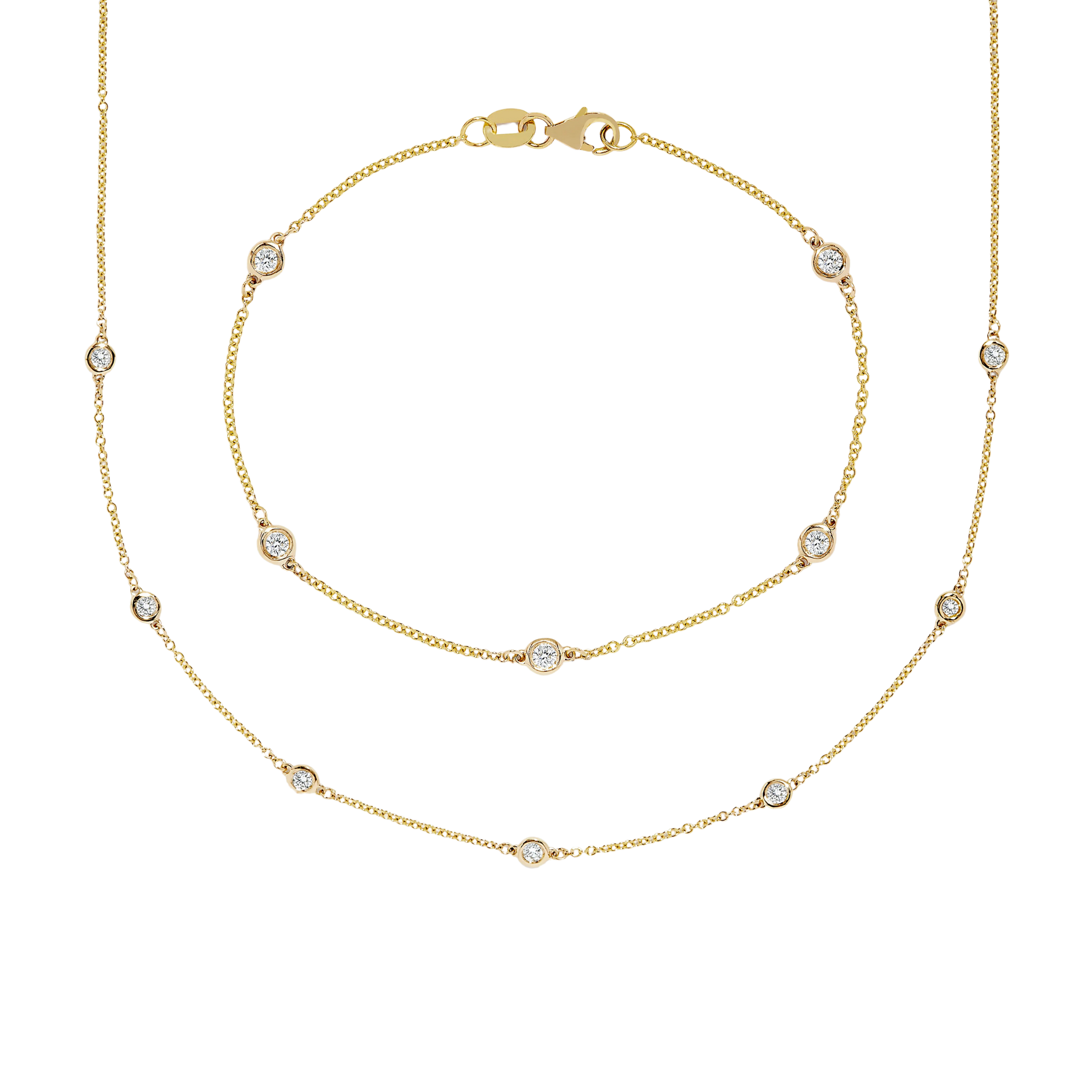Gold necklace with small diamonds on a white background