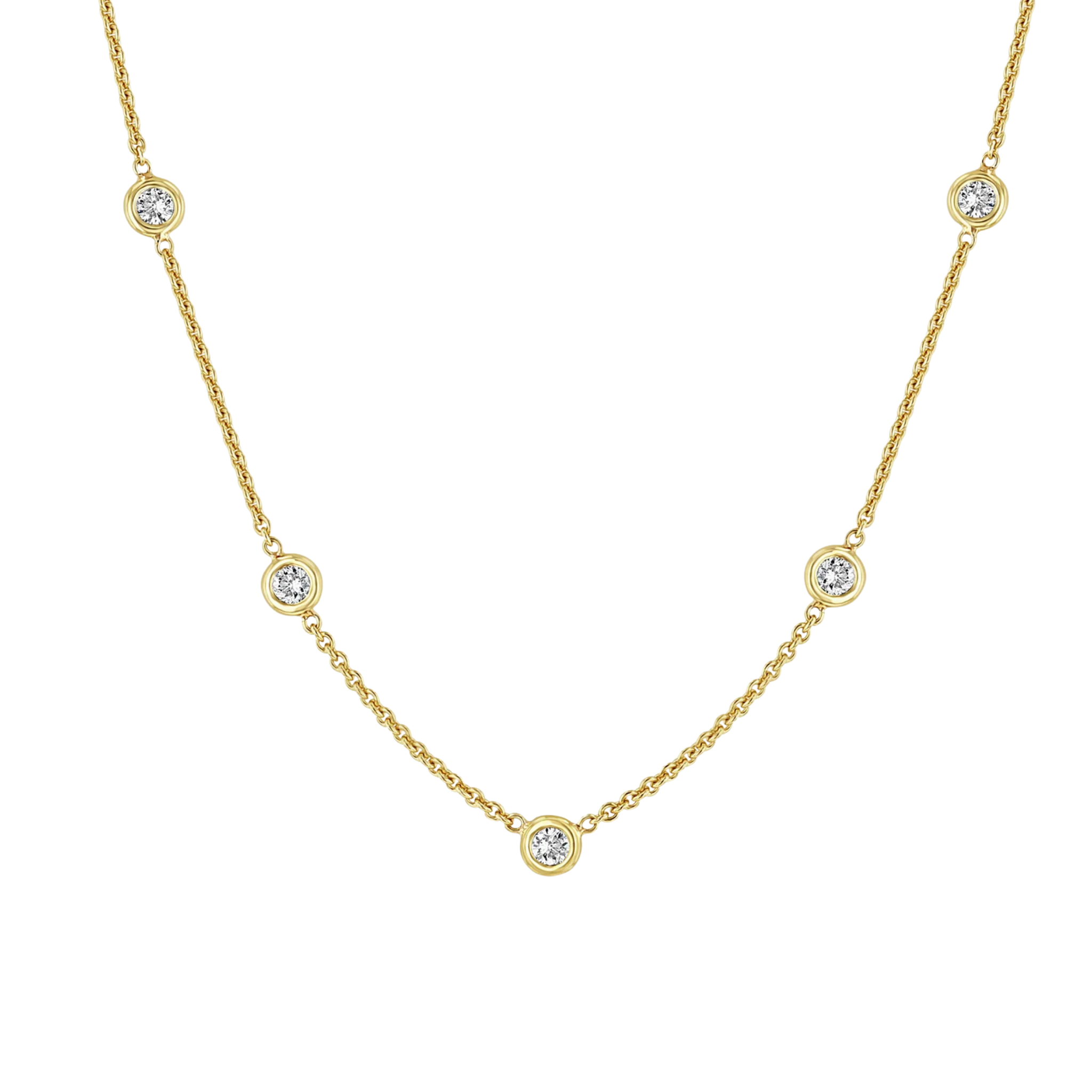 Gold necklace with small diamonds on a white background