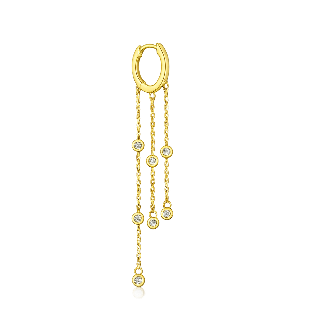 Gold hoop earring with chain and small round stones on a white background