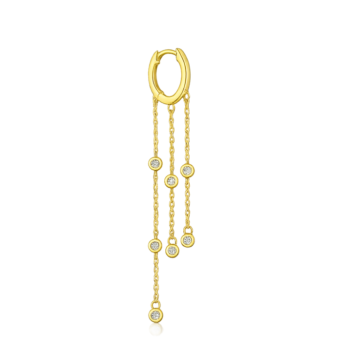 Gold hoop earring with chain and small round stones on a white background