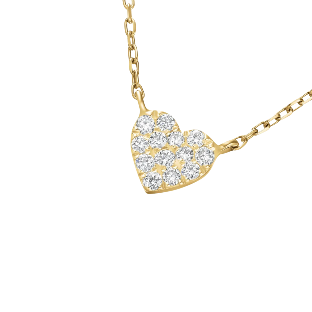 Gold heart-shaped necklace with diamonds on a white background