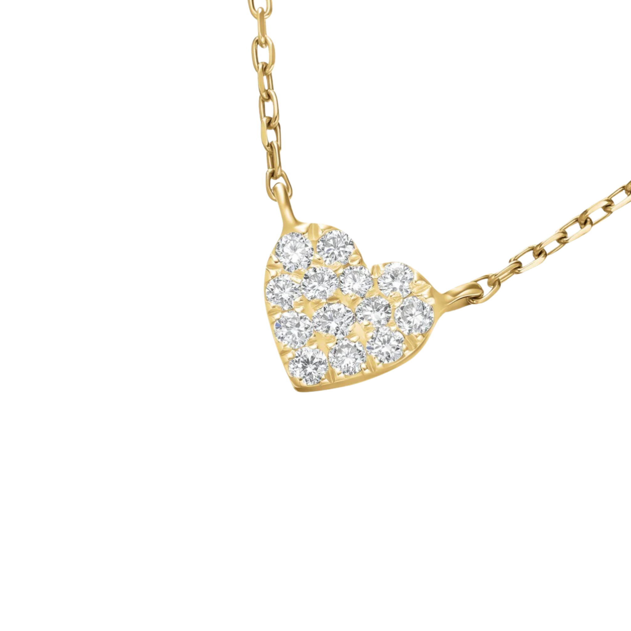 Gold heart-shaped necklace with diamonds on a white background